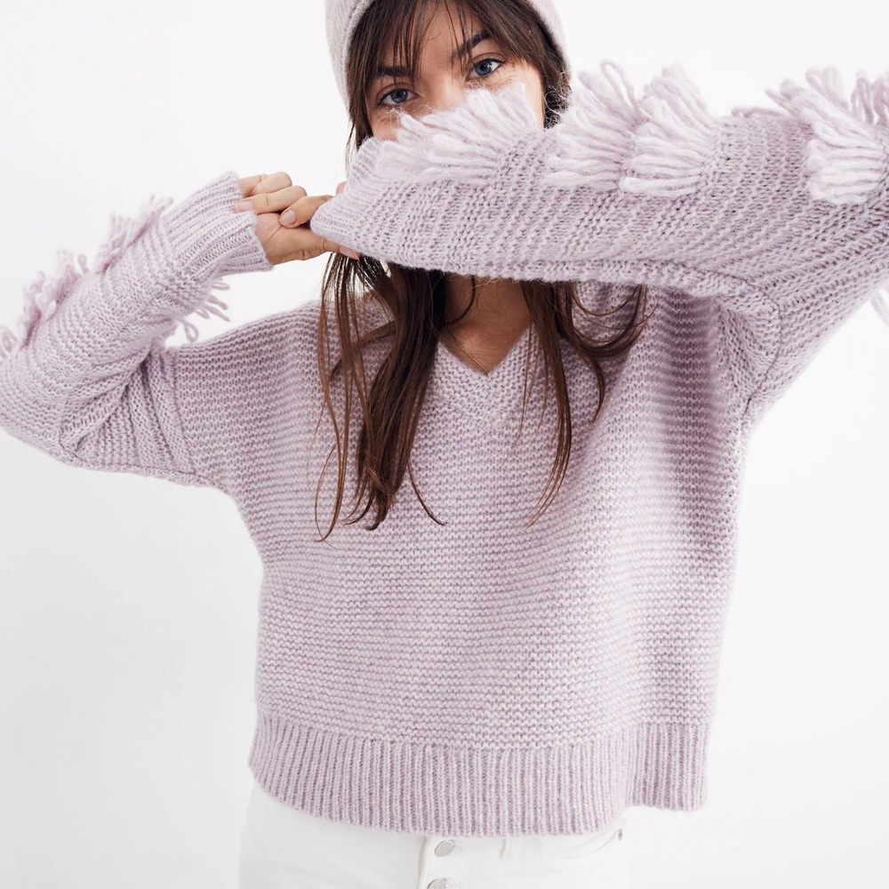 Madewell Fringe-Sleeve Pullover Sweater in Heather Periwinkle - XS